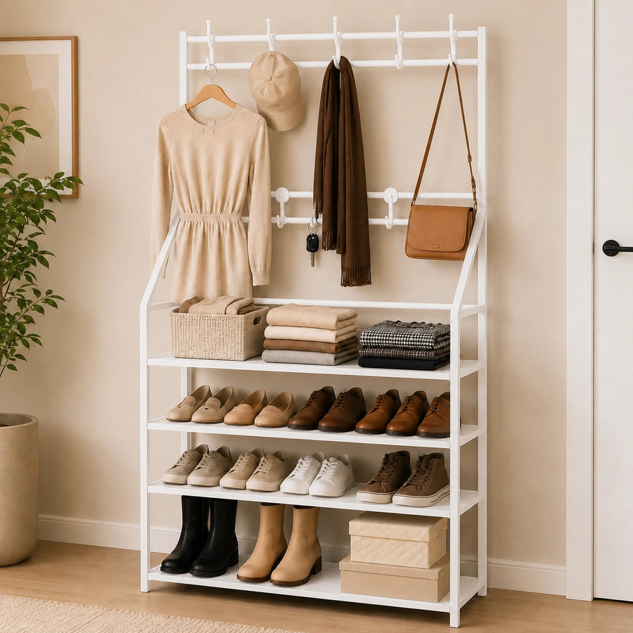 Shoes Organizer 4 Shelves Clothes Hanger Storage Rack Entryway Shoe Shelf Modern Metal Rack With Hooks