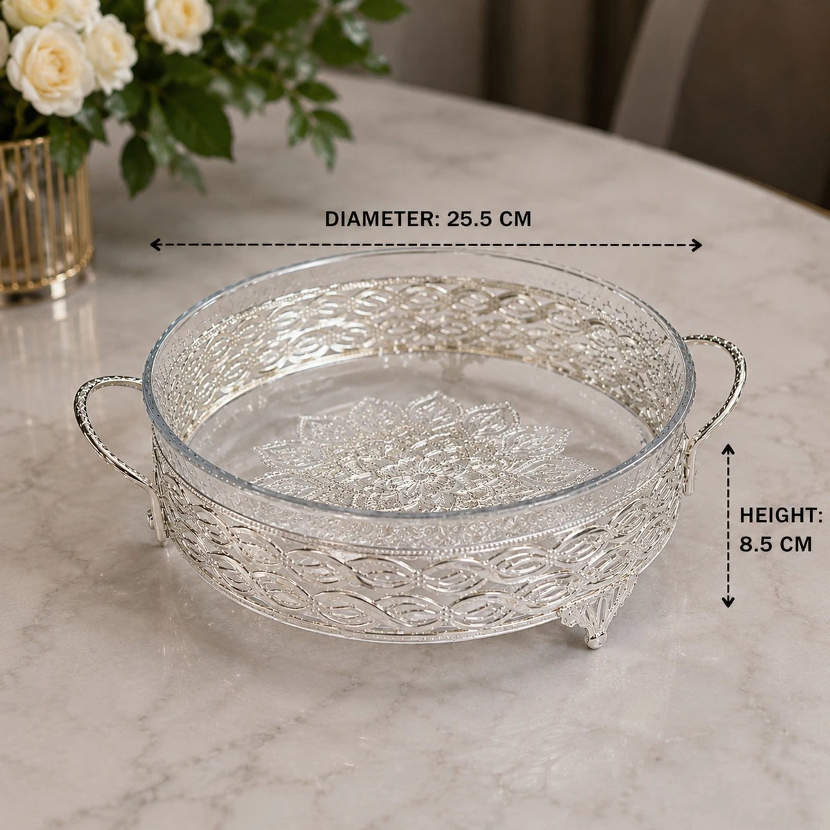 Decorative Silver Serving Tray With Glass Bowl Elegant Round Cake Fruit Dessert Display Bowl With Handles