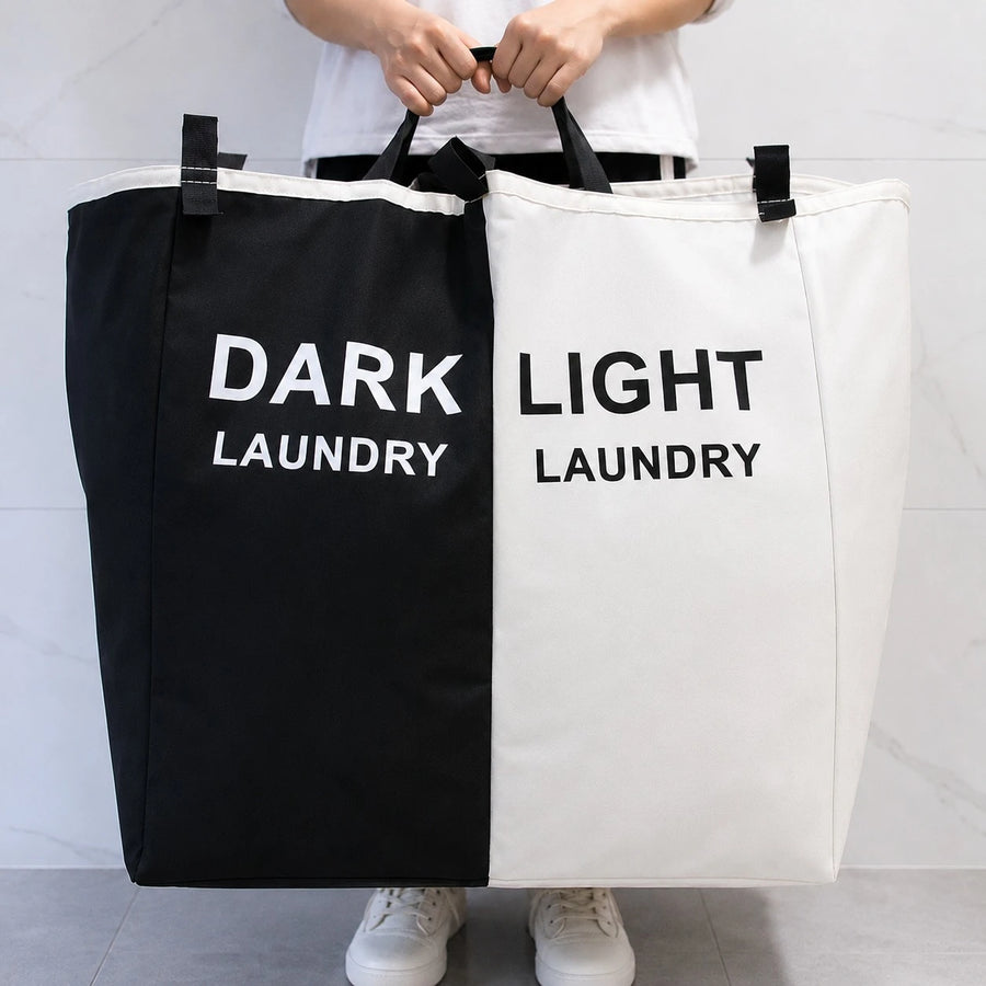 Double Compartment Dark Light Laundry Basket Foldable Oxford Cloth Clothes Hamper Organizer