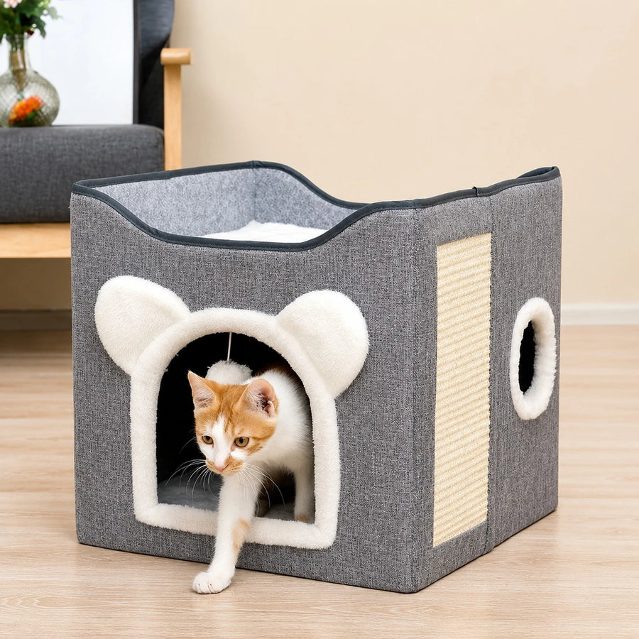 Cat House Bed Scratcher Condo Grey Fabric Pet Hideaway Cozy Cat Cube With Scratching Pad Interactive Cat Cave Indoor Pet Furniture