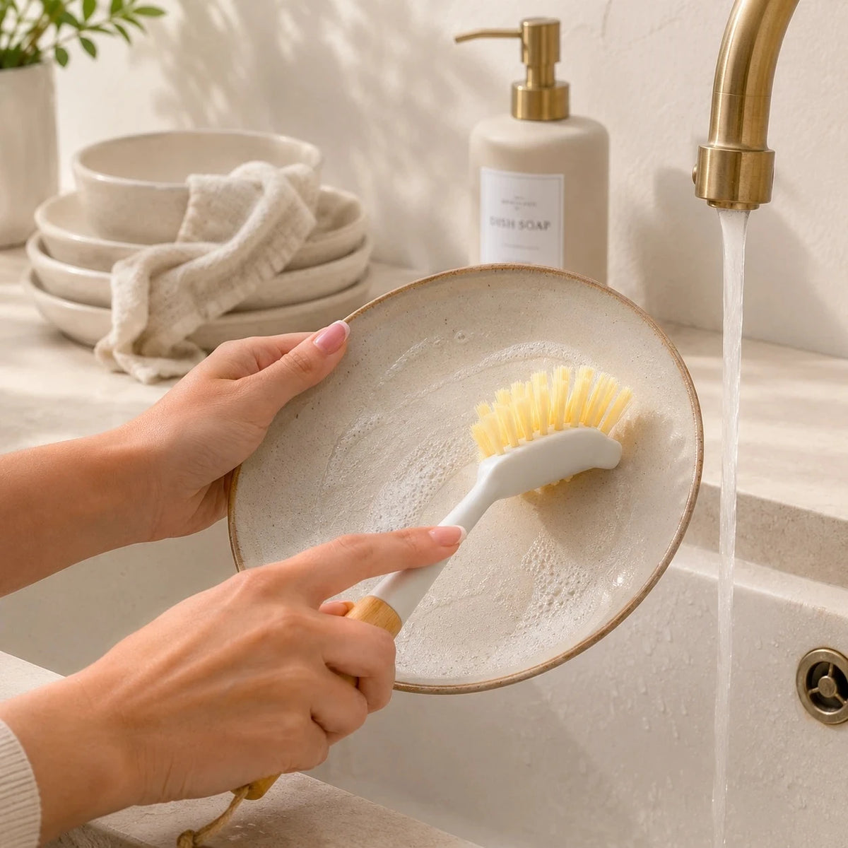 Bamboo Handle Dish Cleaning Brush with Curved Head and Hanging Loop for Kitchen Cleaning - Image 4