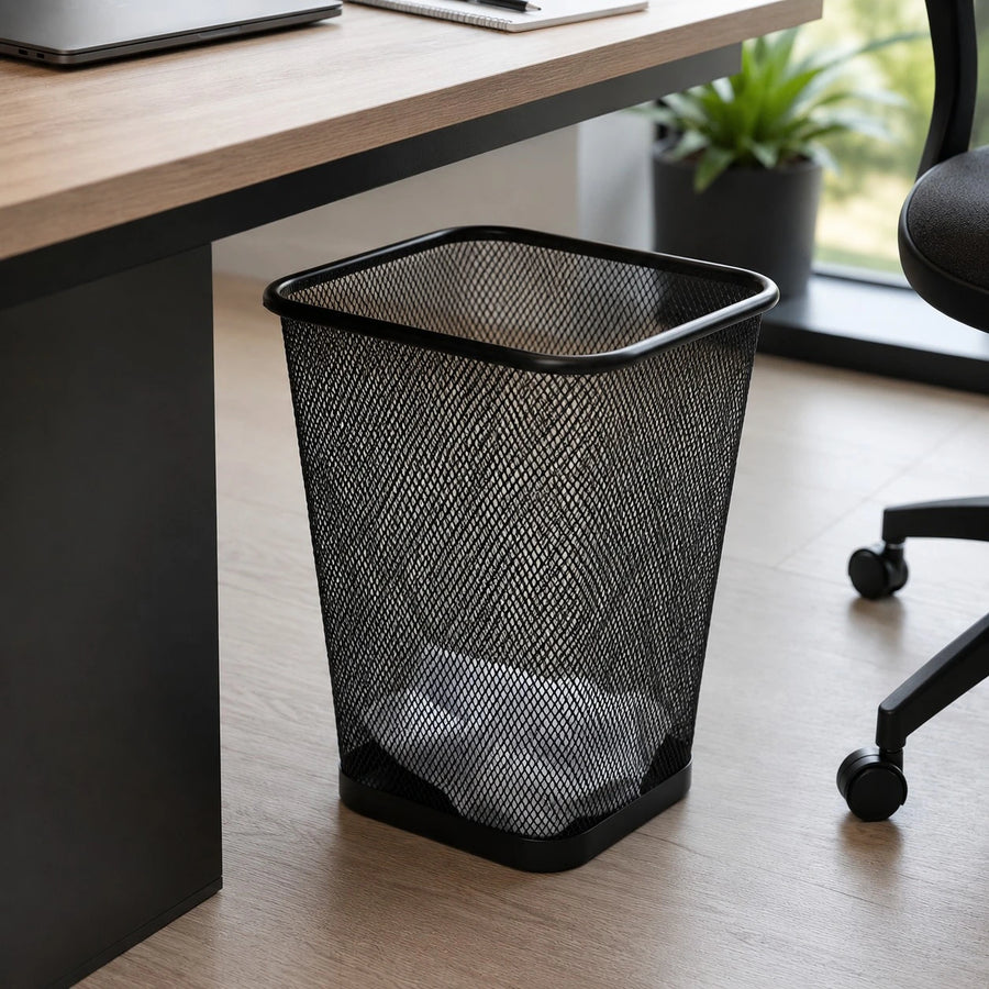 Black Metal Mesh Waste Basket Office Trash Bin Desktop Garbage Basket Home Office Organizer