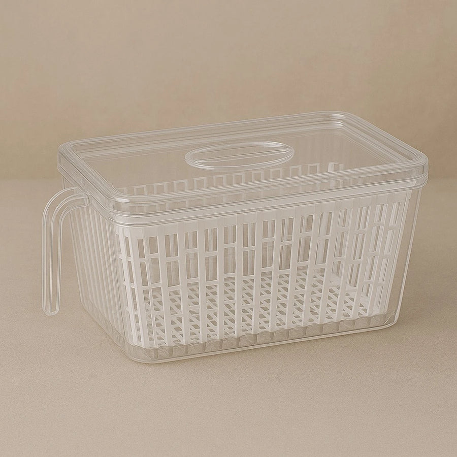 Fridge Food Drain Container Transparent and Green with Lid Fruit Vegetable Produce Meal Prep Storage Organizer