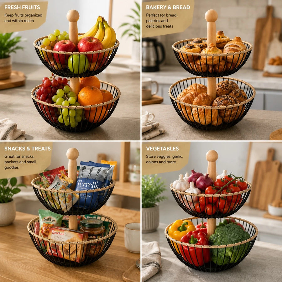 2 Tier Metal Wire Fruit Basket with Wooden Handle Kitchen Countertop Storage Organizer