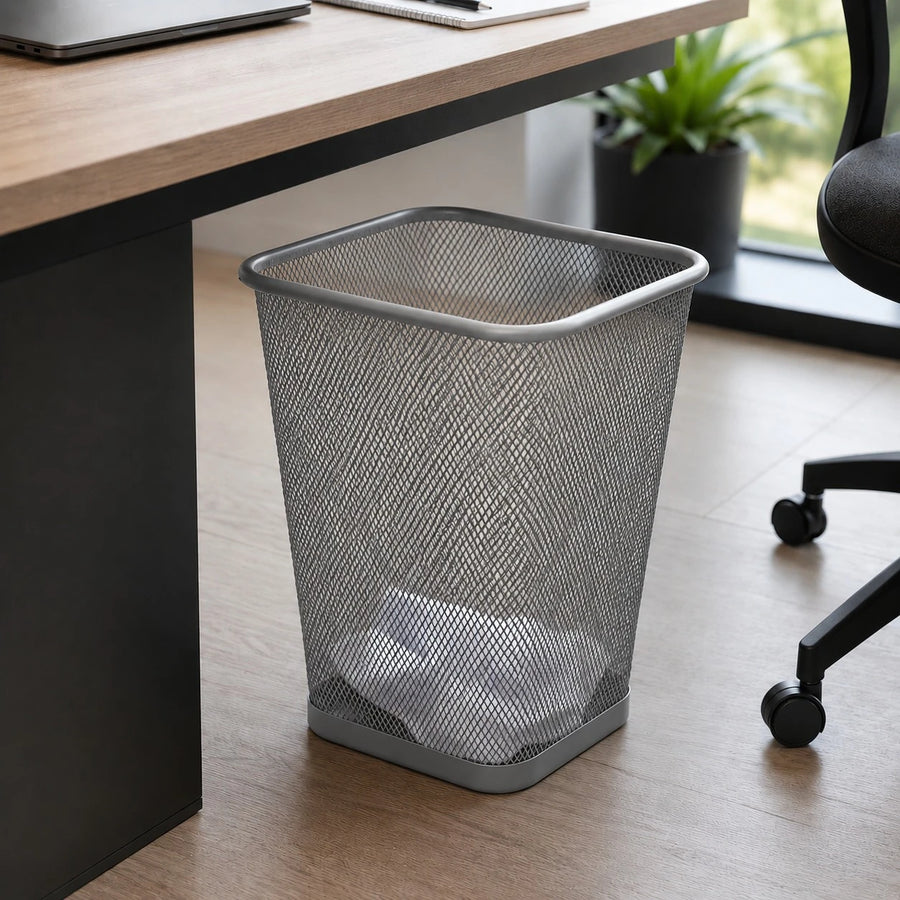 Gray Metal Mesh Waste Basket Office Trash Bin Desktop Garbage Basket Home Office Organizer