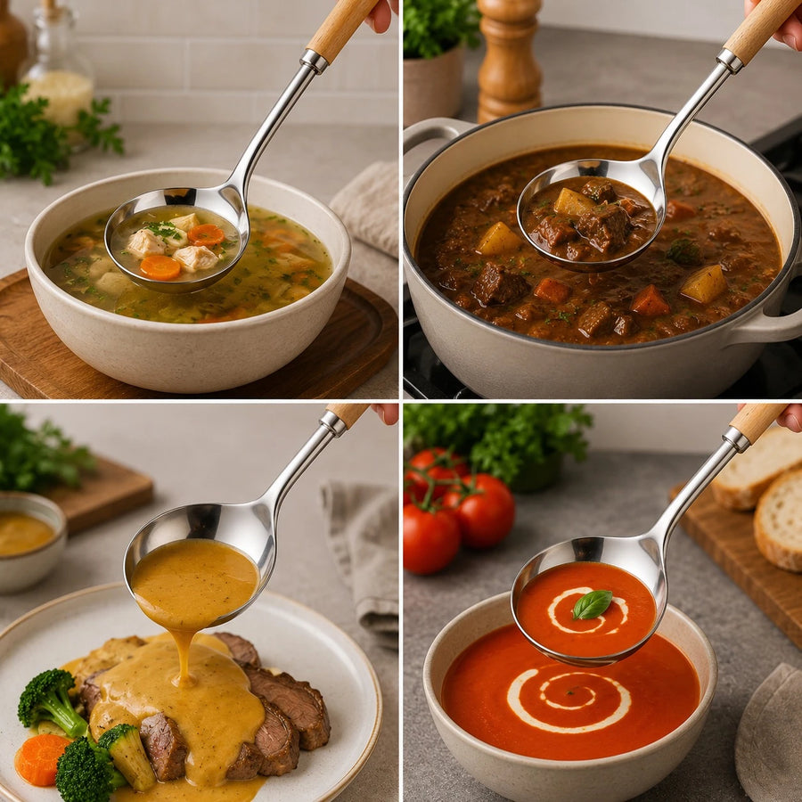 Adawat Stainless Steel Soup Ladle Serving Spoon Wooden Handle Kitchen Soup Server Gravy Ladle Sauce Spoon Cooking Utensil