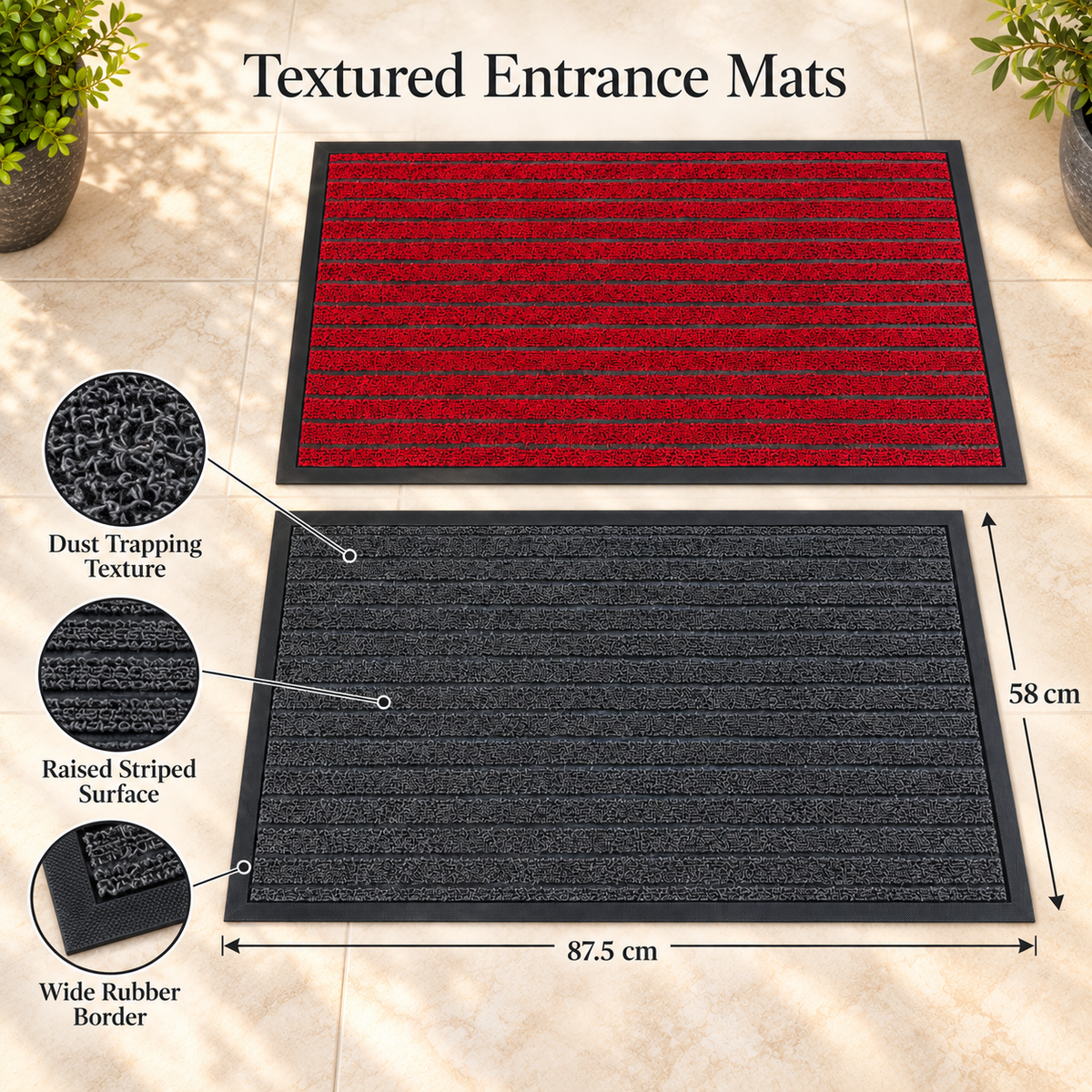 Textured Dust Trapping Door Mat with Non Slip Rubber Backing 58 x 87.5 cm