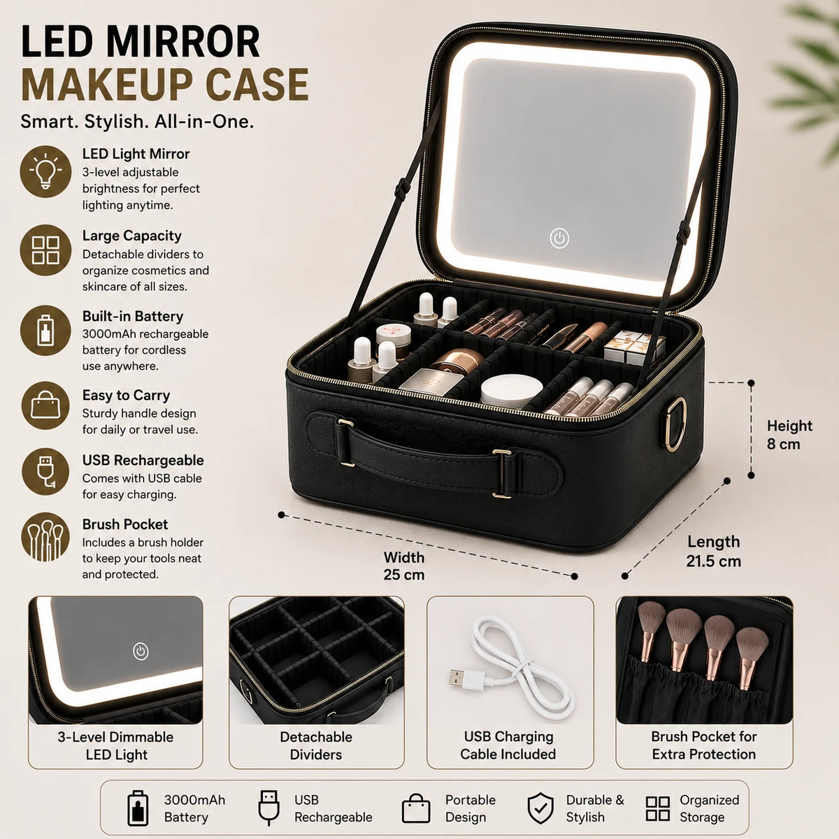 LED Mirror Makeup Organizer Case with Rechargeable Light | Portable Cosmetic Storage Travel Beauty Case