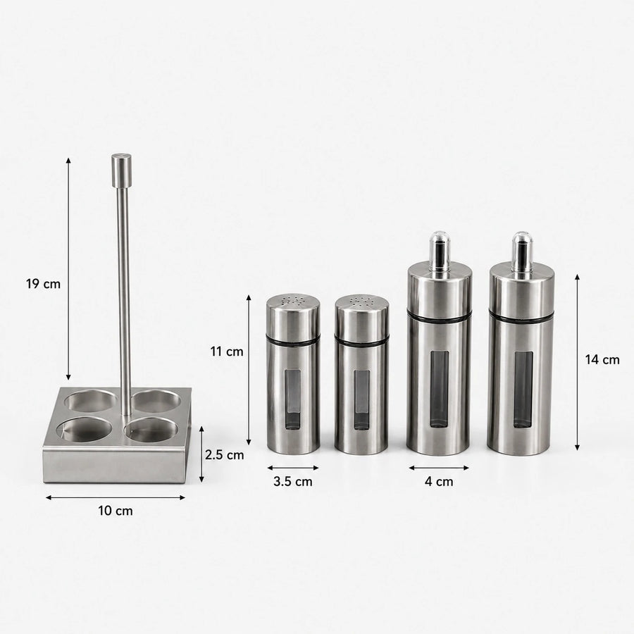 304 Stainless Steel Oil & Vinegar Bottle Set with Salt & Pepper Shakers and Holder 5 Piece Condiment Set