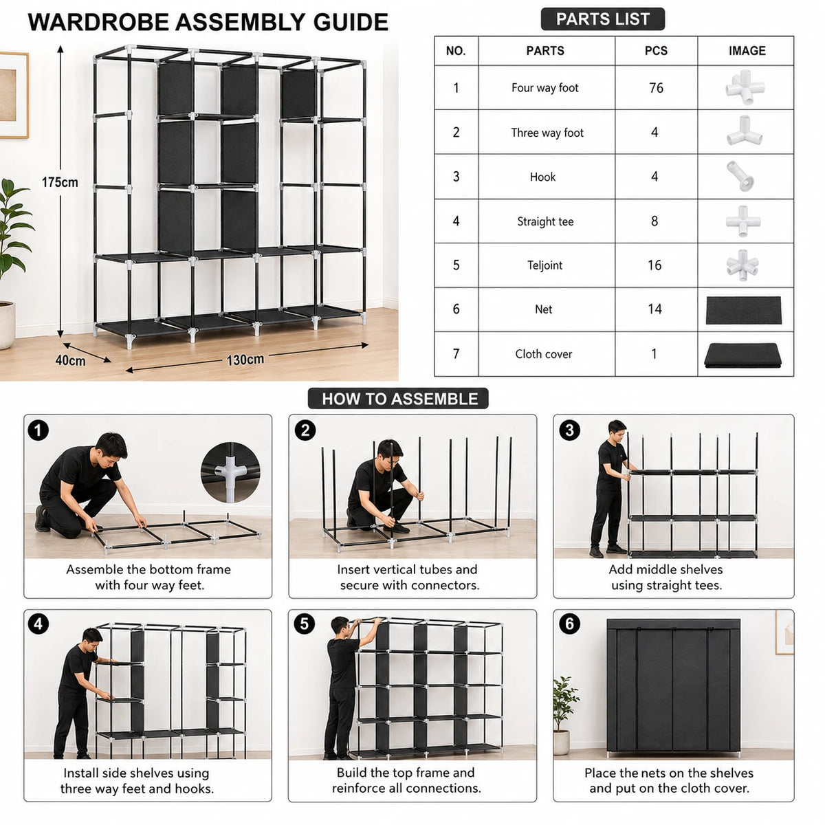 Clothes Organizer Portable Wardrobe Closet Storage Cabinet Hanging Rack Multi Shelf Clothing Organizer