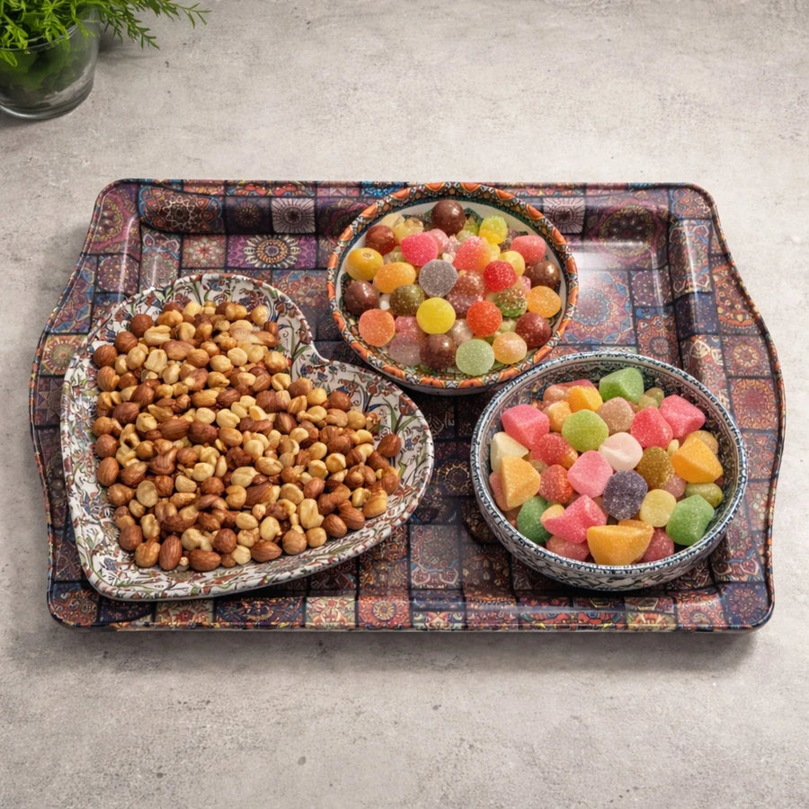 Turkish Metal Serving Tray Set Heart Bowl Saucer Mandala Mosaic Design Coffee Sweet Serving Set Decorative Tray Assorted