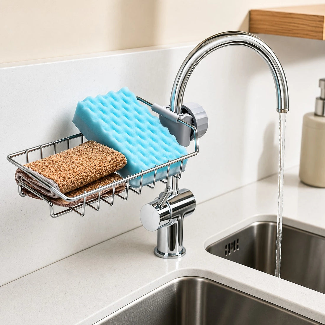 Adjustable Faucet Sponge Holder Kitchen Sink Organizer Rack Stainless Steel Drain Basket Storage