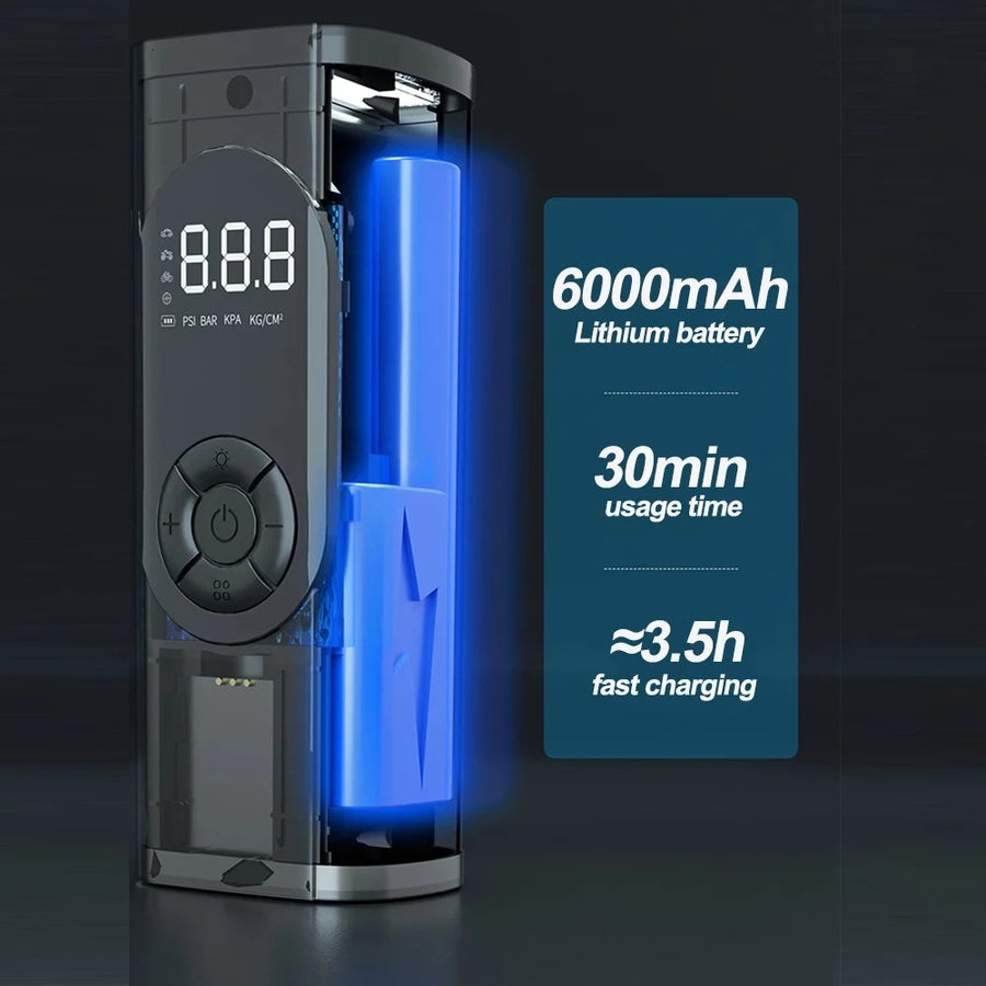 Digital Car Tire Inflator for Flat Tires, Air Pump – 150 PSI Max, 6000mAh Battery, 4 Modes + Emergency Light
