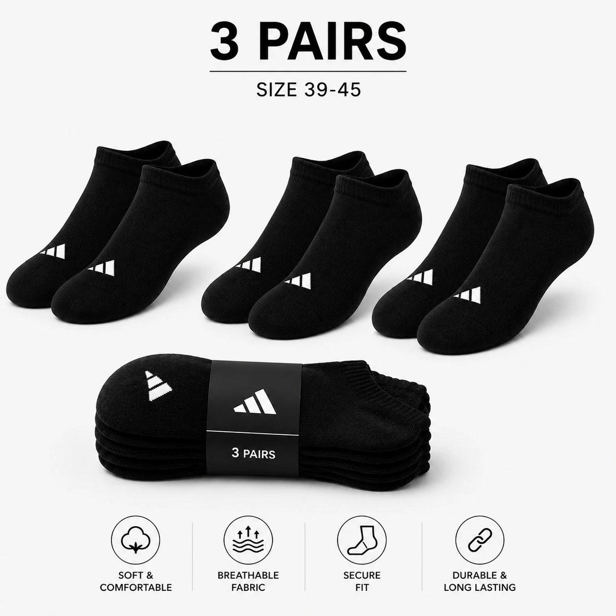 Adidas Socks Pack Ankle Socks 3 Pairs Black White Ankle Socks Set Cotton Sports Casual