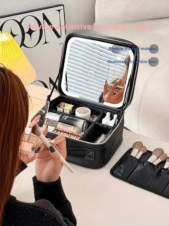 LED Mirror Makeup Organizer Case with Rechargeable Light | Portable Cosmetic Storage Travel Beauty Case