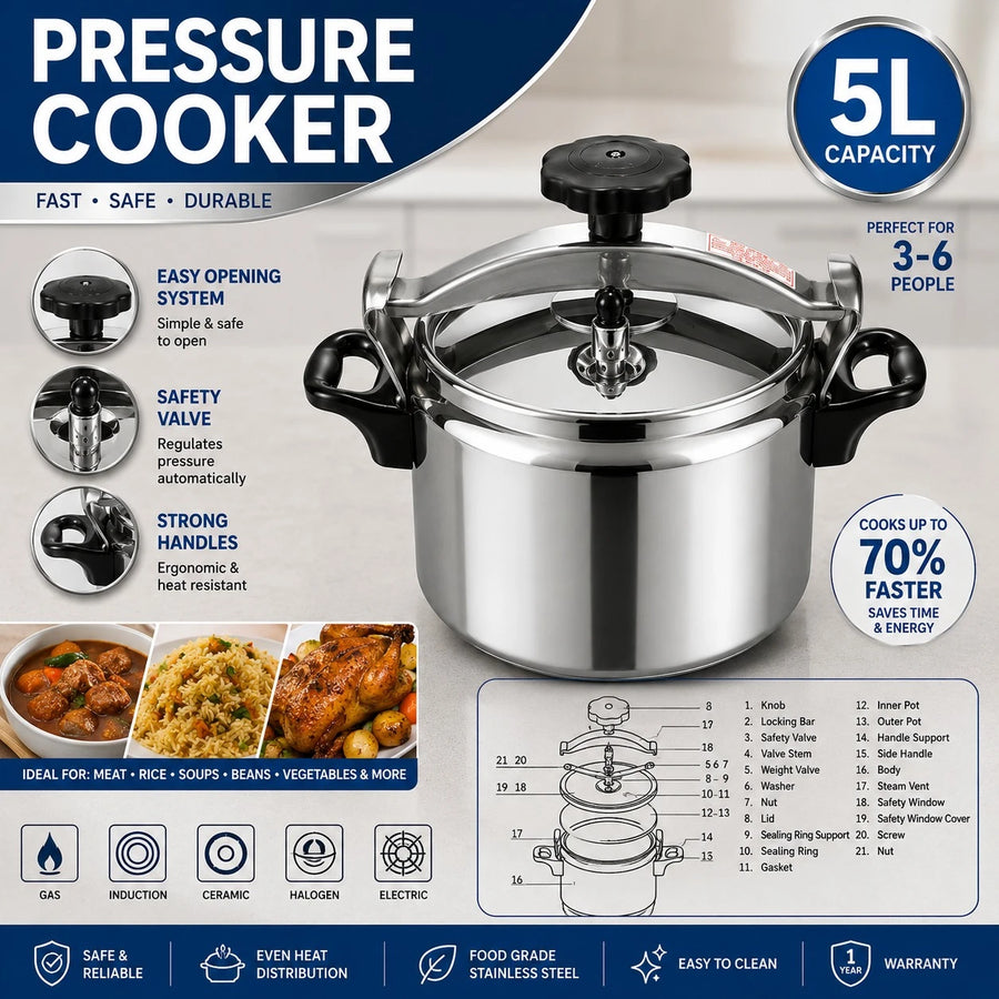 Pressure Cooker 5 Liter 18 10 Stainless Steel Fast Cooking Pot Easy Opening Safety Valve Induction Gas Cooker Kitchen Cookware Heavy Duty Pressure Pot Family Cooking Cooker