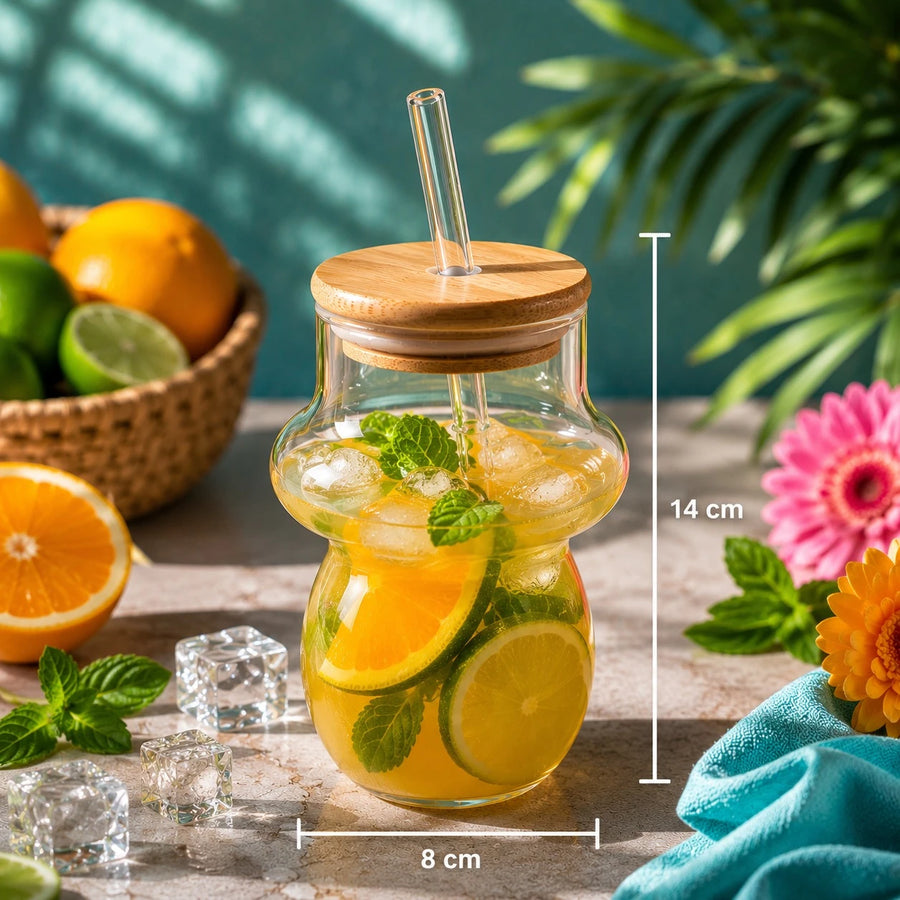 Creative Glass Juice Cup With Bamboo Lid Glass Straw Lemonade Cup 14 cm