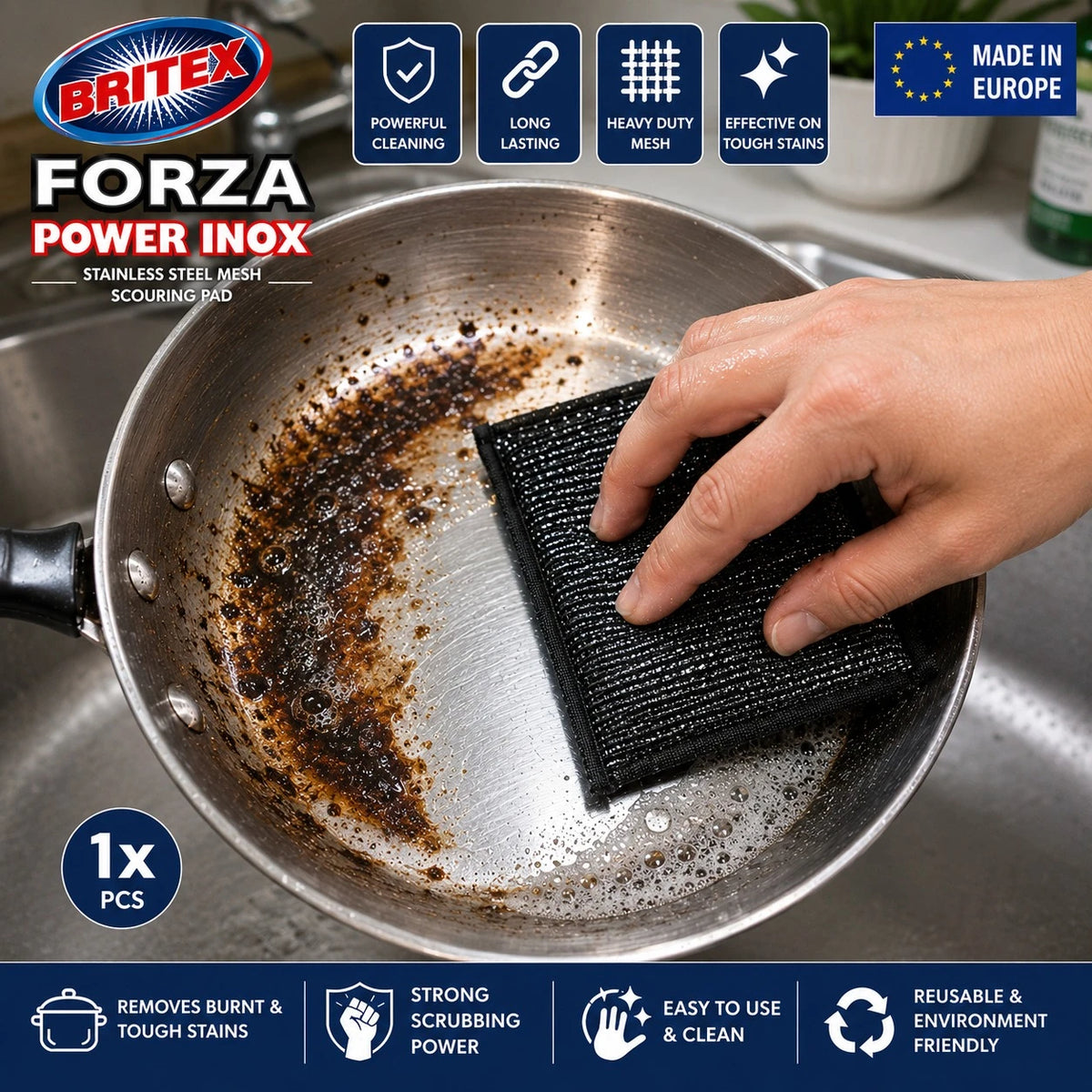Britex Power Inox Scouring Pad Stainless Steel Mesh Scrubber Kitchen Cleaning Pad 13cm 9cm