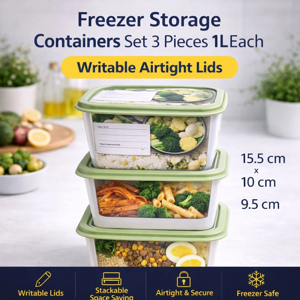 Freezer Storage Containers Set 3 Pieces 1L Airtight Food Storage Boxes Stackable Kitchen Organizer Meal Prep Containers