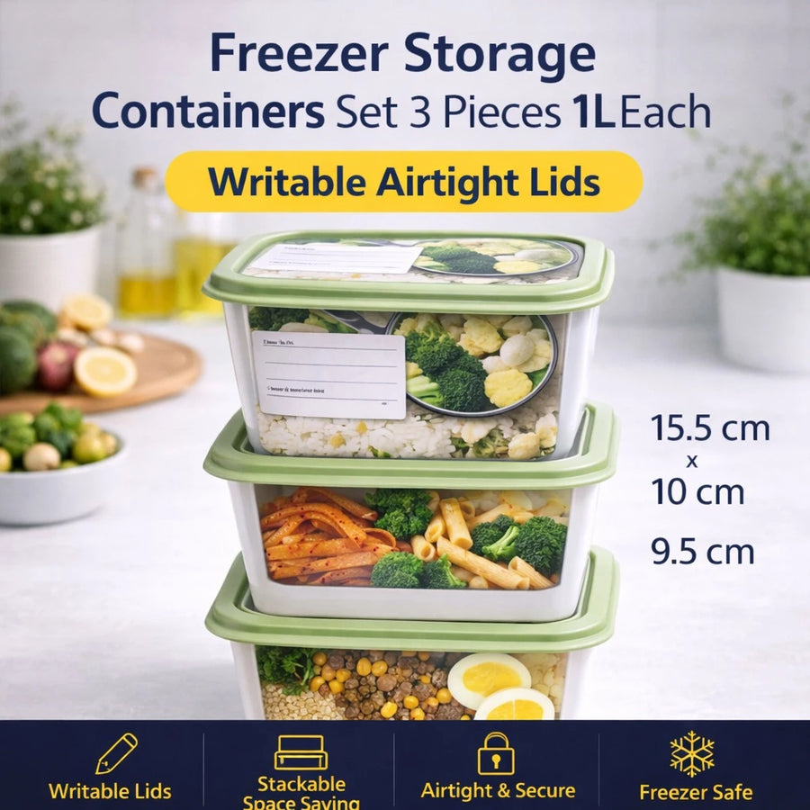 Freezer Storage Containers Set 3 Pieces 1L Airtight Food Storage Boxes Stackable Kitchen Organizer Meal Prep Containers