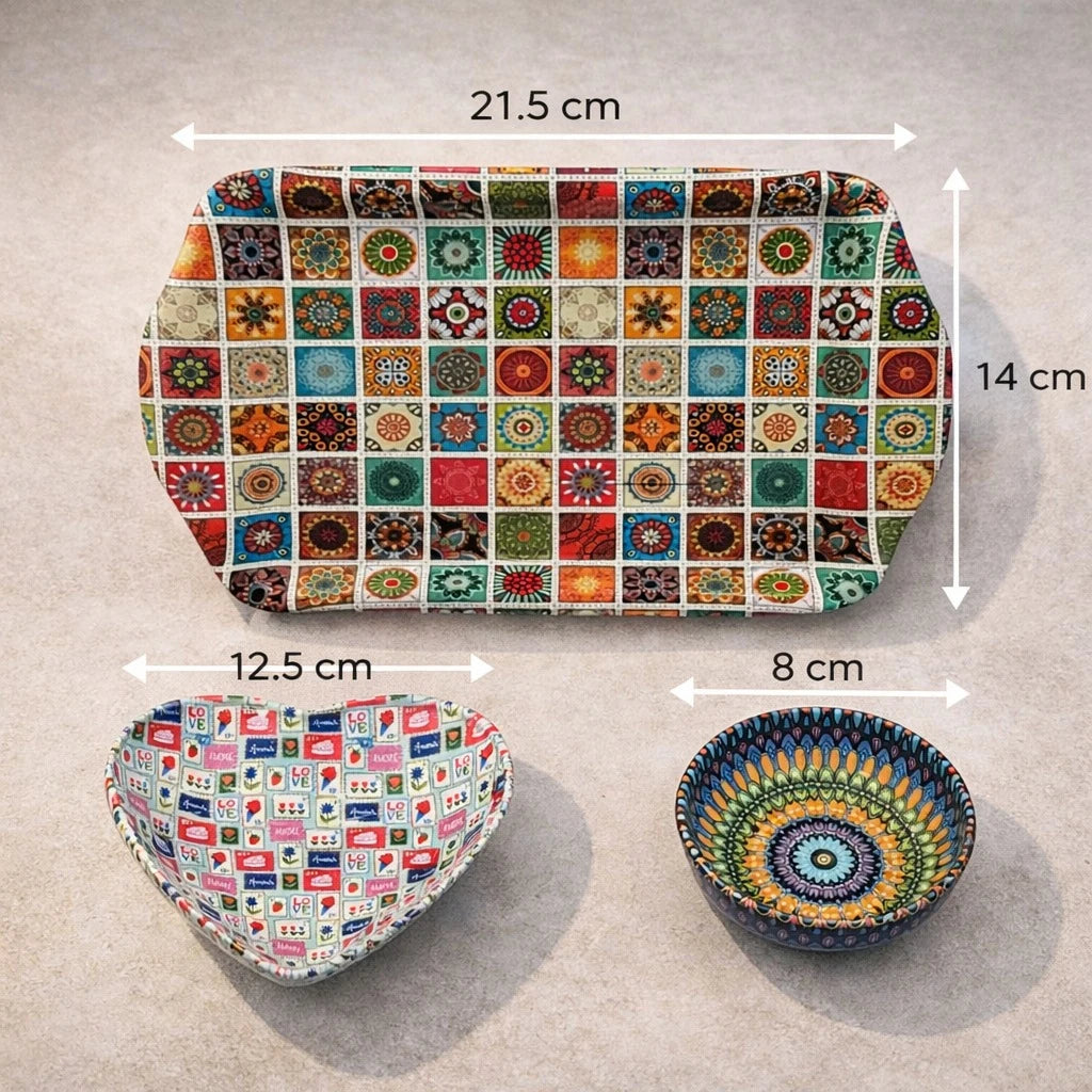 Turkish Metal Serving Tray Set Heart Bowl Saucer Mandala Mosaic Design Coffee Sweet Serving Set Assorted