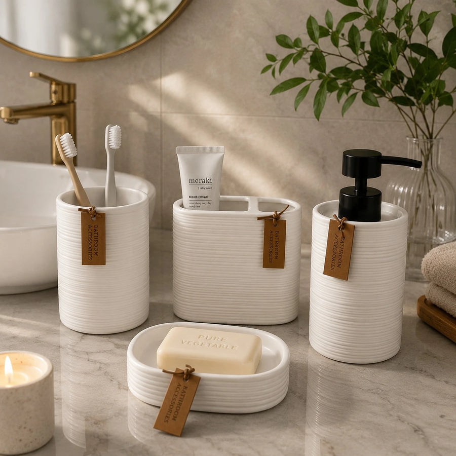 Sanitary Ceramic Bathroom Accessories Toothbrush Holder Organizer Vanity Counter Storage Cup White Ribbed Design