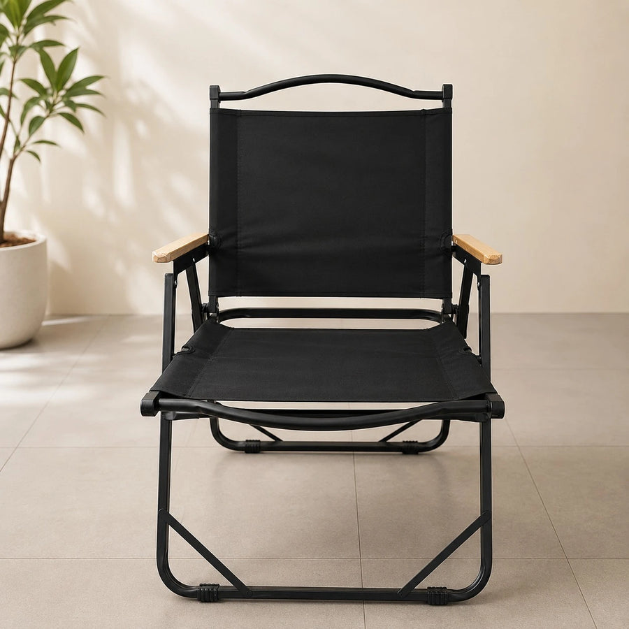 Folding Camping Chair Heavy Duty Outdoor Garden Chair Portable Black Oxford Cloth Chair With Wooden Armrests