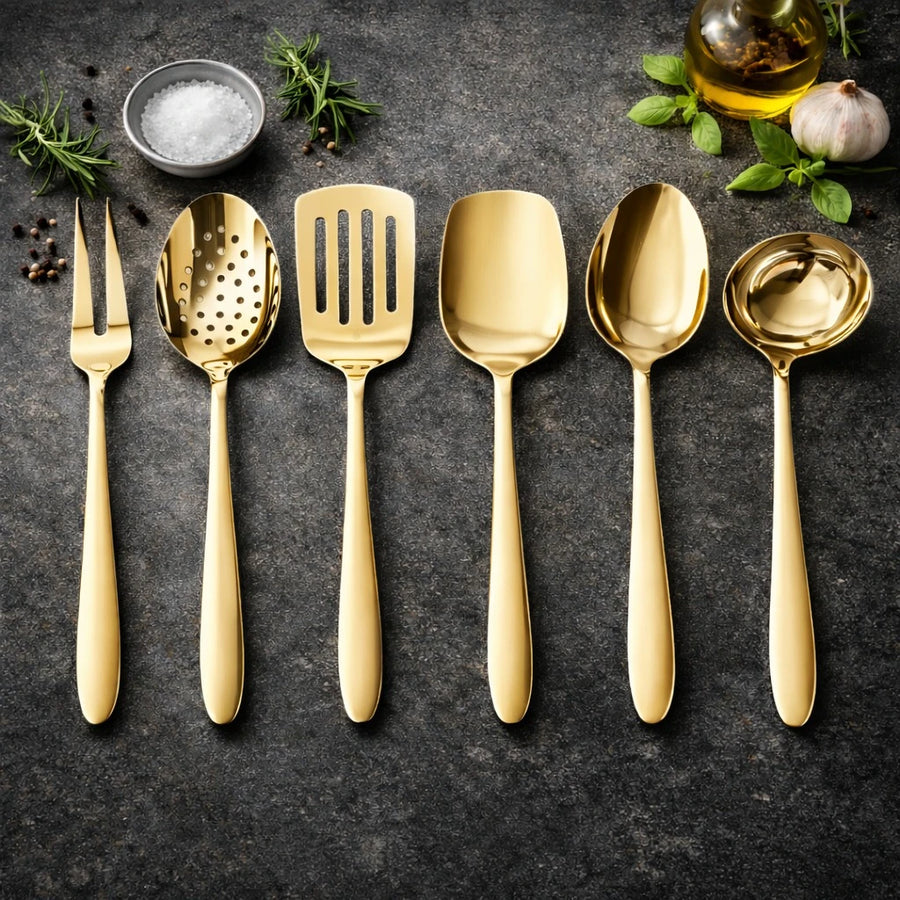 Gold Stainless Steel Kitchen Utensil Set Cooking Utensils Set Metal Cooking Tools Kitchen Serving Utensils Set of 6 Gold