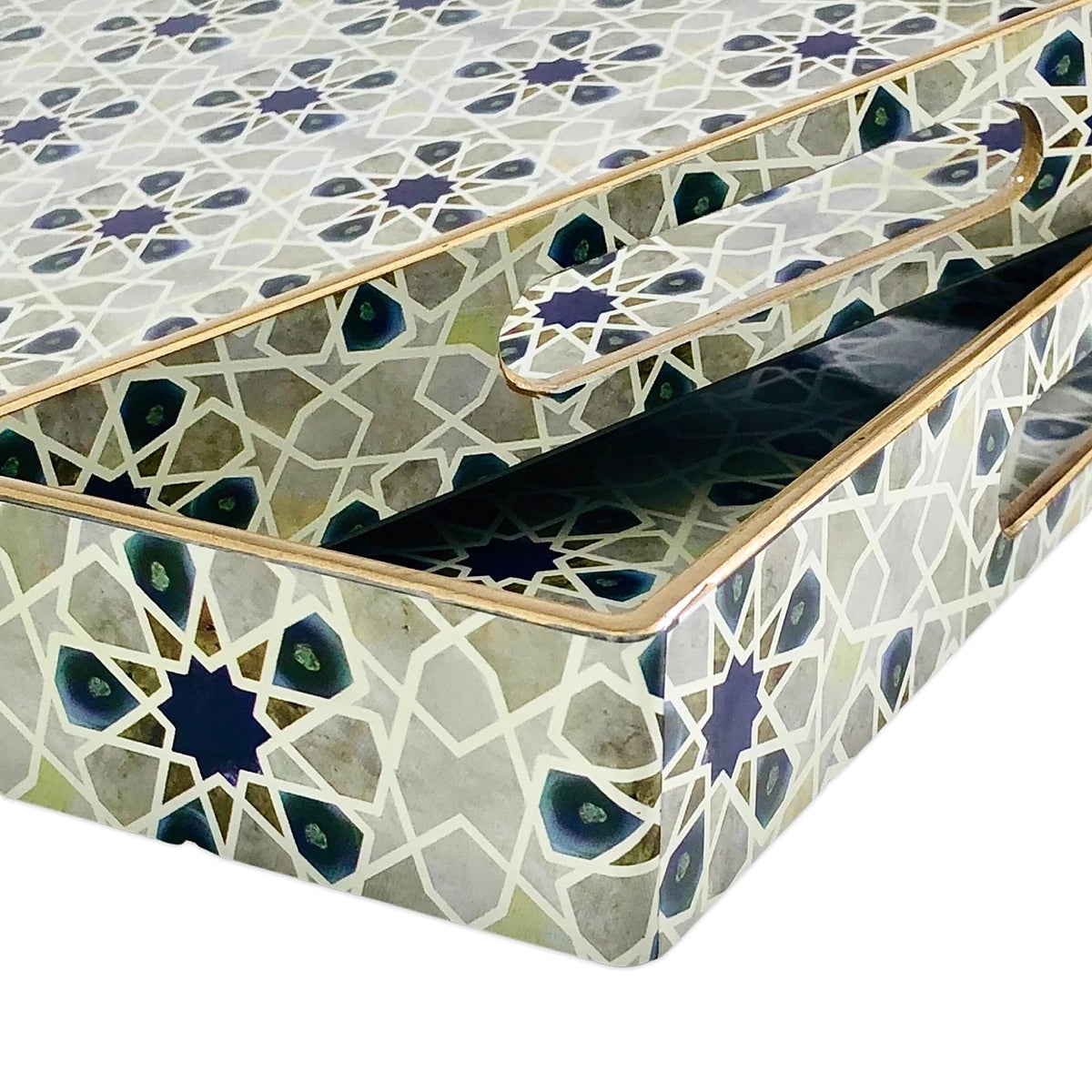 Arabesque Decorative Rectangular Serving Tray Set 2 Pieces Teal Gold Coffee Dessert Hosting - Image 5
