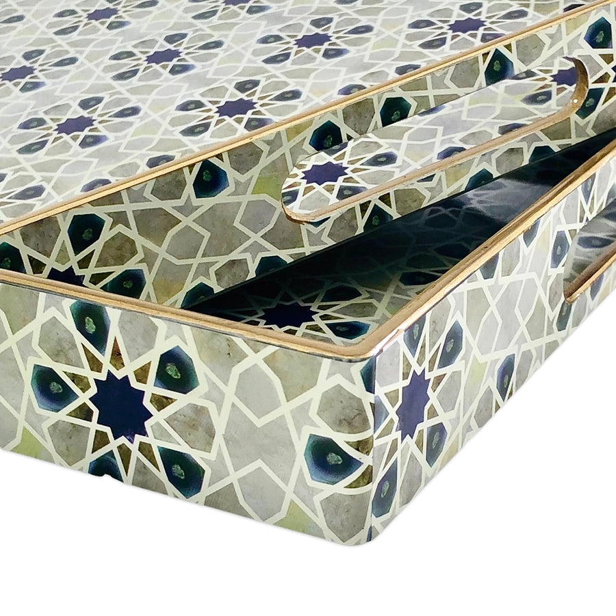 Arabesque Decorative Rectangular Serving Tray Set 2 Pieces Teal Gold Coffee Dessert Hosting