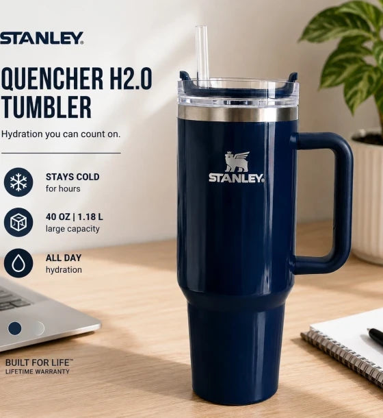 Stanley Stainless Steel Insulated Travel Tumbler Cup vWith Handle Straw Thermal Mug Navy Blue 40 Oz