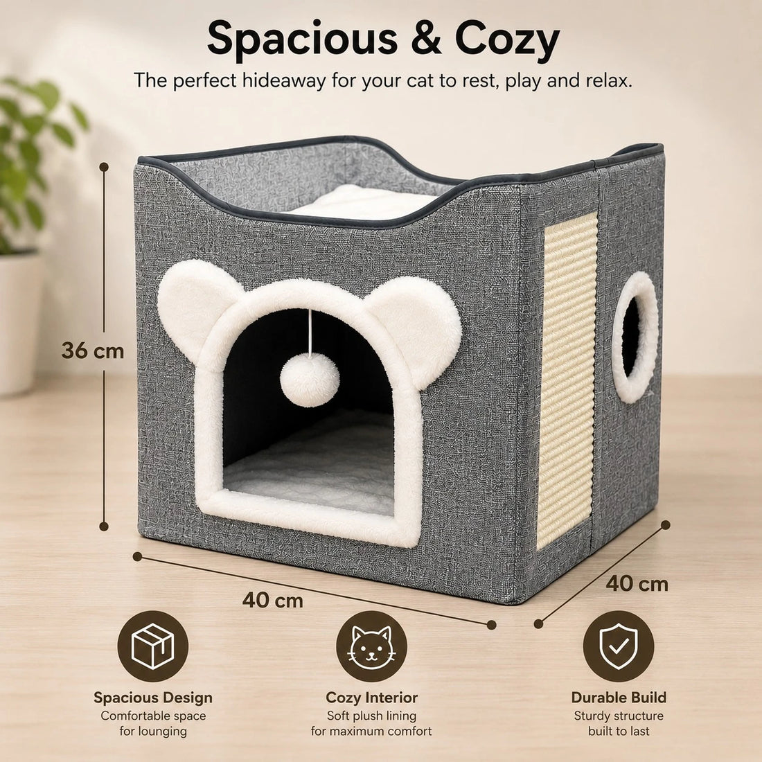 Cat House Bed Scratcher Condo Grey Fabric Pet Hideaway Cozy Cat Cube With Scratching Pad Interactive Cat Cave Indoor Pet Furniture