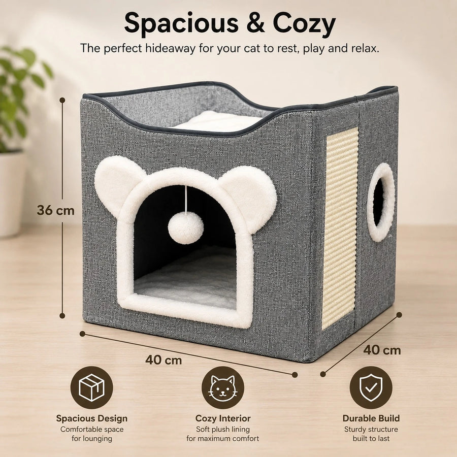 Cat House Bed Scratcher Condo Grey Fabric Pet Hideaway Cozy Cat Cube With Scratching Pad Interactive Cat Cave Indoor Pet Furniture