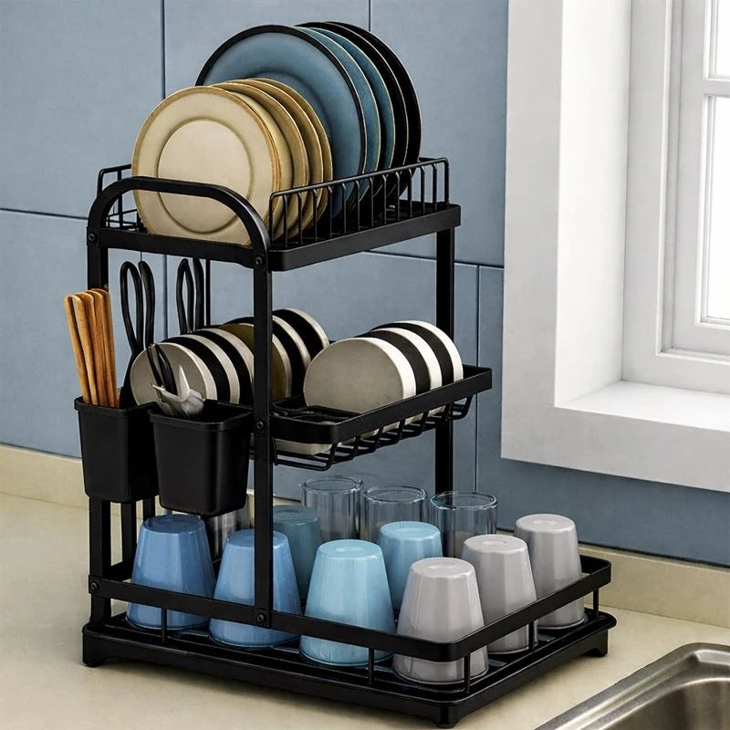 3-Tier Metal Dish Drying Rack with Drain Tray, Utensil Holder & Cup Storage – Black