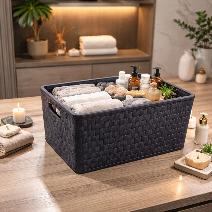 Rotho Storage Basket Plastic Woven Design Multi Purpose Organizer Dark Grey Swiss Made 18 Liters