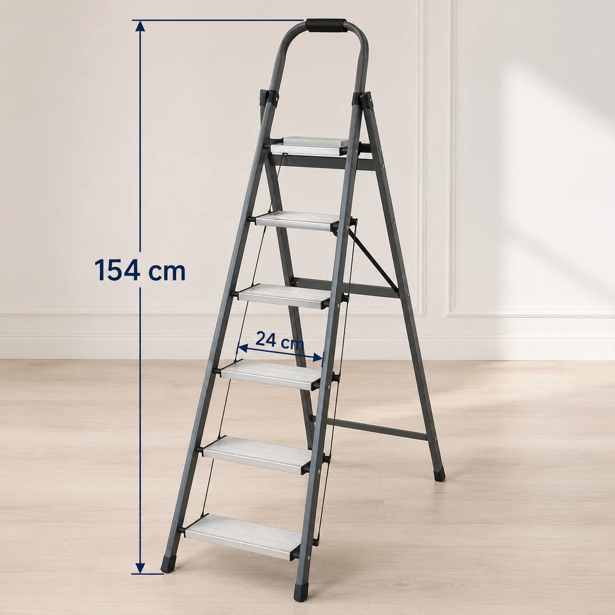6 Step Folding Ladder with Wide Anti Slip Steps Padded Safety Handle & Rubber Feet