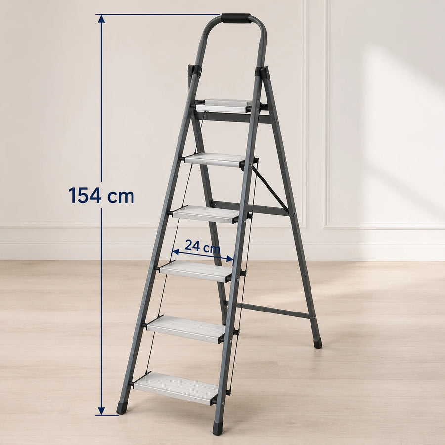 6 Step Folding Ladder with Wide Anti Slip Steps Padded Safety Handle & Rubber Feet