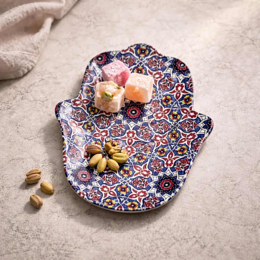 Turkish Serving Plate Metal Hamsa Hand Shape Mandala Ottoman Mosaic Design Dessert Snack Decorative Plate Assorted