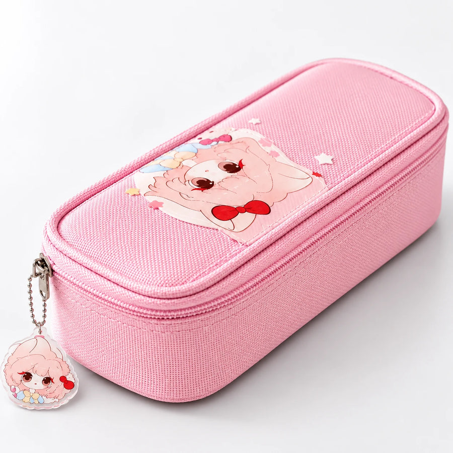 Pink Cute Cartoon School Pencil Case with Character Charm