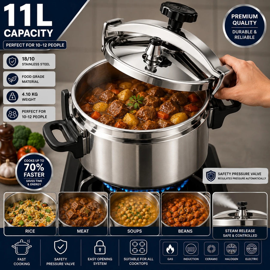 Pressure Cooker 11 Liter Stainless Steel Fast Cooking Pot Easy Opening Safety Valve Induction Gas Kitchen Cookware Heavy Duty Family Cooking Pot