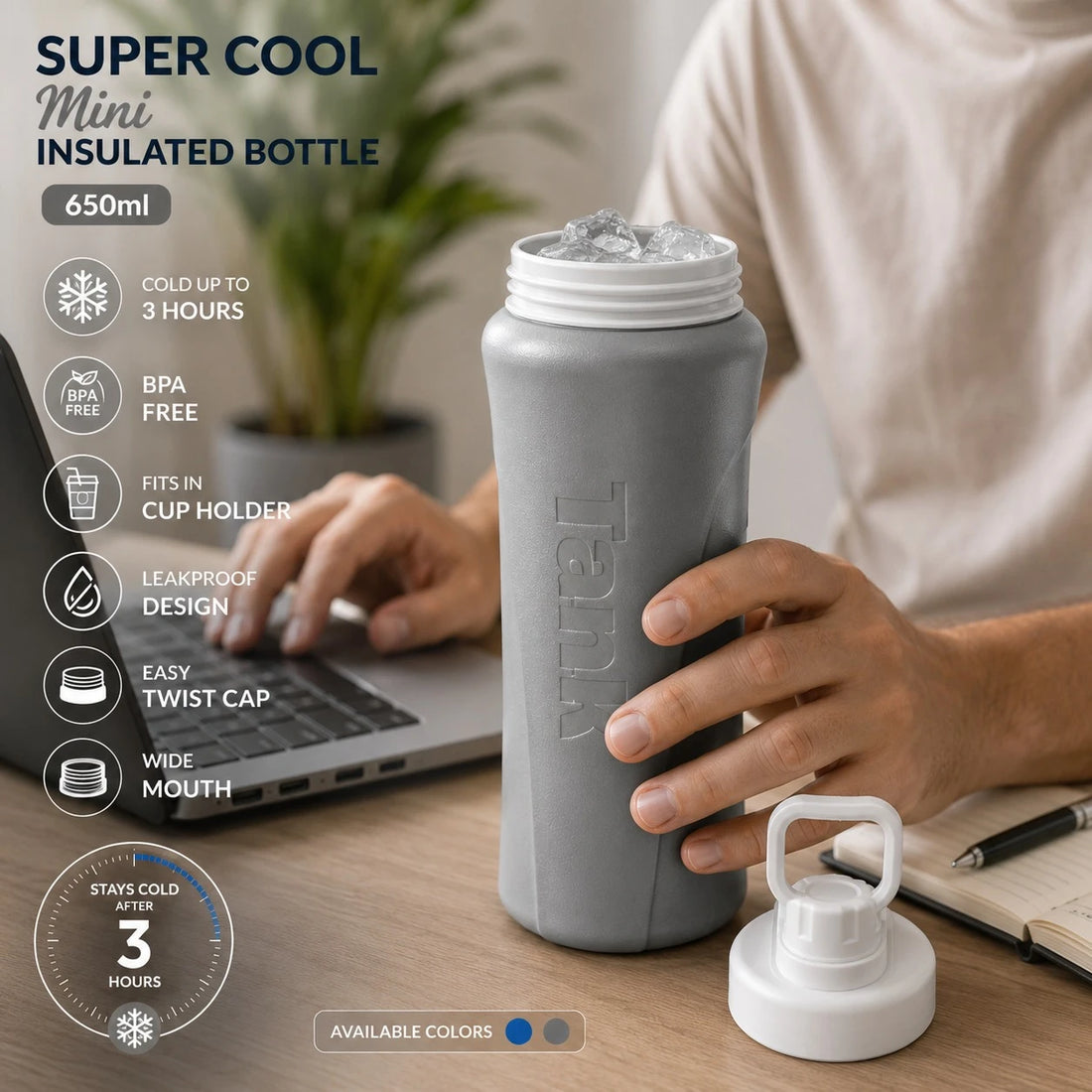 Tank Super Cool Mini Insulated Bottle 650 ml BPA Free Leakproof Water Bottle