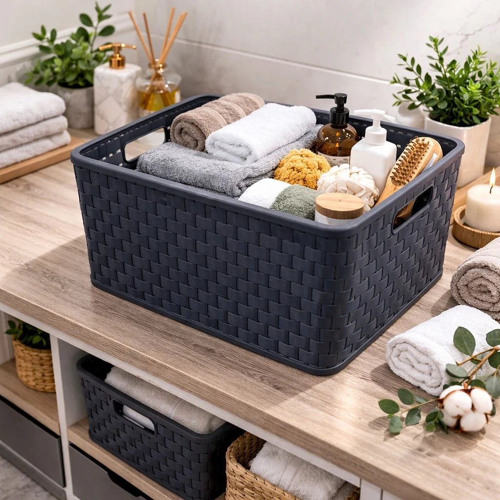 Rotho Storage Basket Plastic Woven Design Multi Purpose Organizer Dark Grey Swiss Made 18 Liters