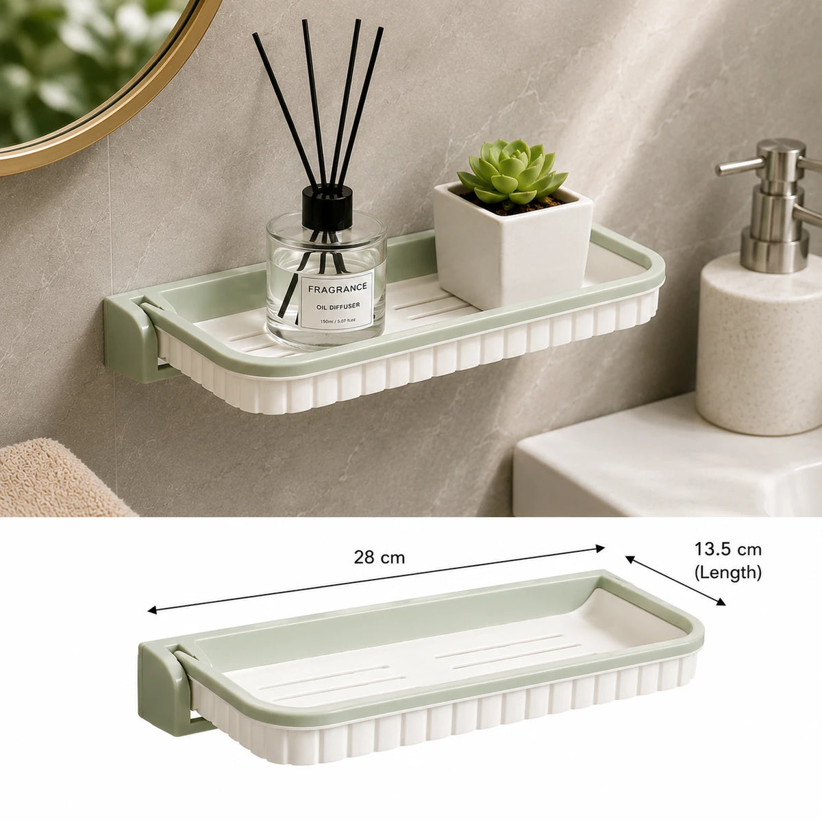 Wall Mounted Foldable Bathroom & Kitchen Storage Shelf with Hooks No Drill Organizer