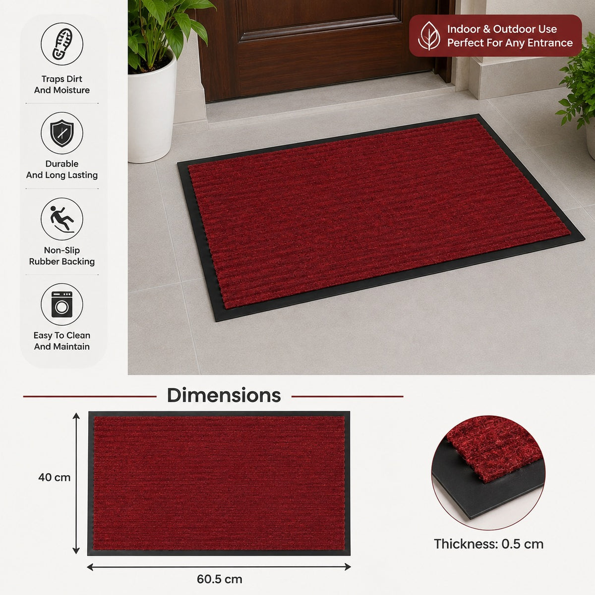 Ribbed Dirt Trapping Entrance Door Mat Non Slip Indoor Outdoor Floor Mat