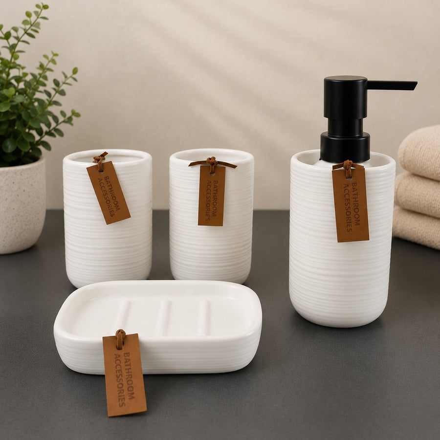 Matte Ribbed Ceramic Bathroom Accessories White Set