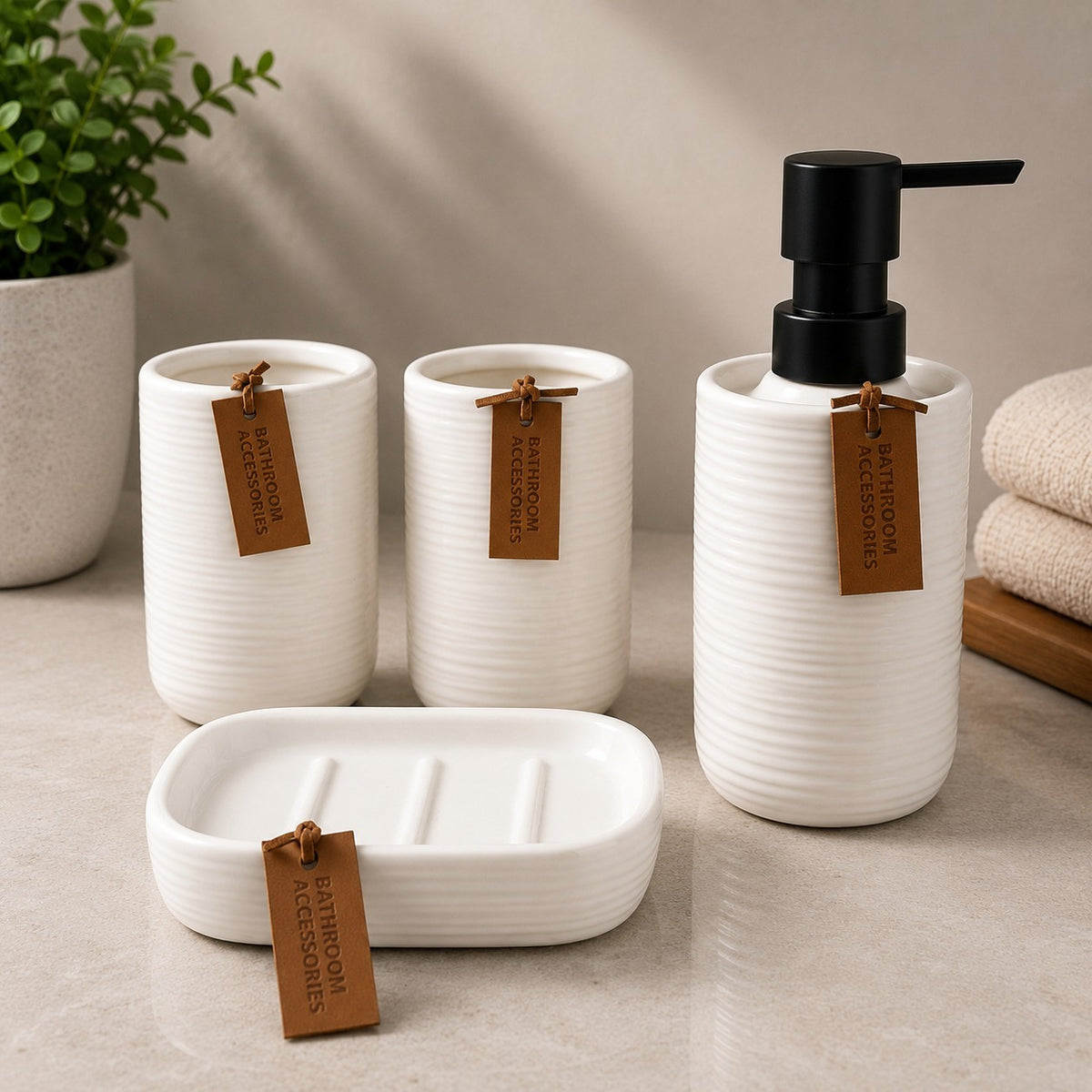 Matte Ribbed Ceramic Bathroom Accessories White Set