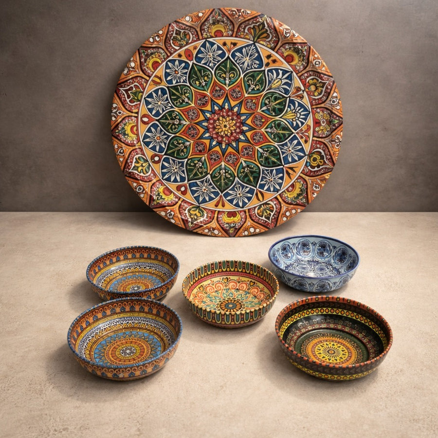 6 Piece Mandala Serving Tray Set with 5 Decorative Bowls