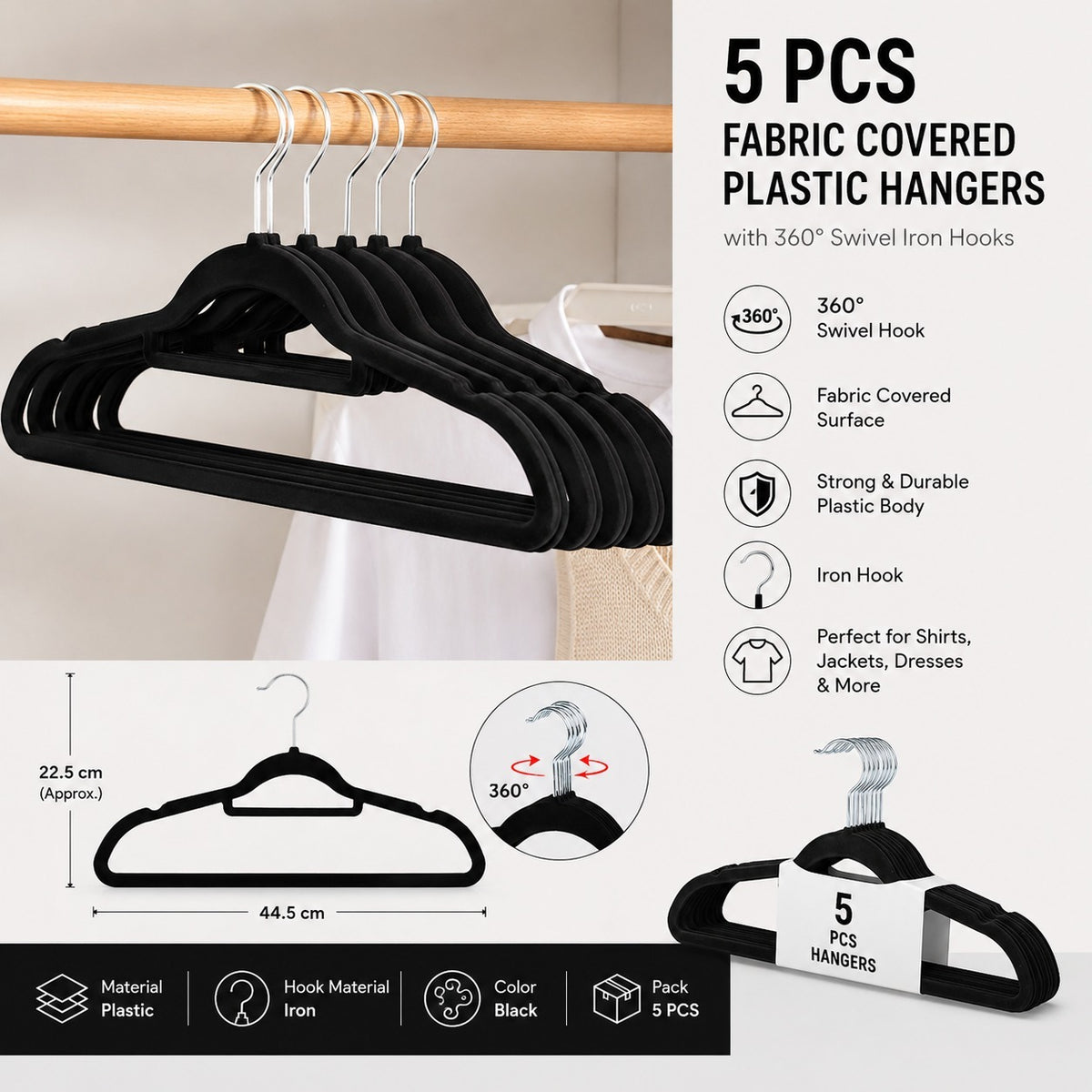 Fabric Covered Clothes Hangers with 360° Swivel Hooks 5 PCS