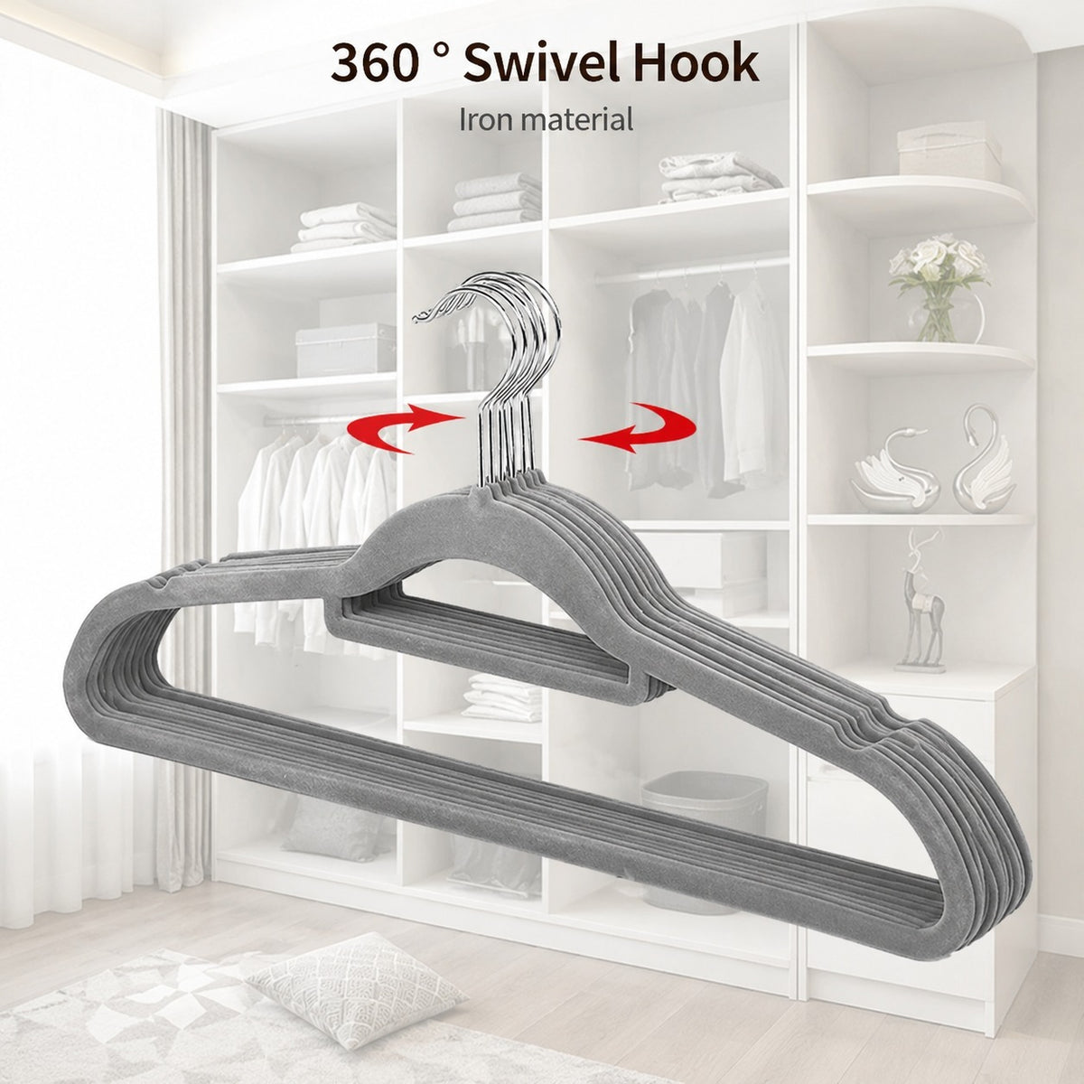 Gray Fabric Covered Clothes Hangers with 360° Swivel Hooks 5 PCS