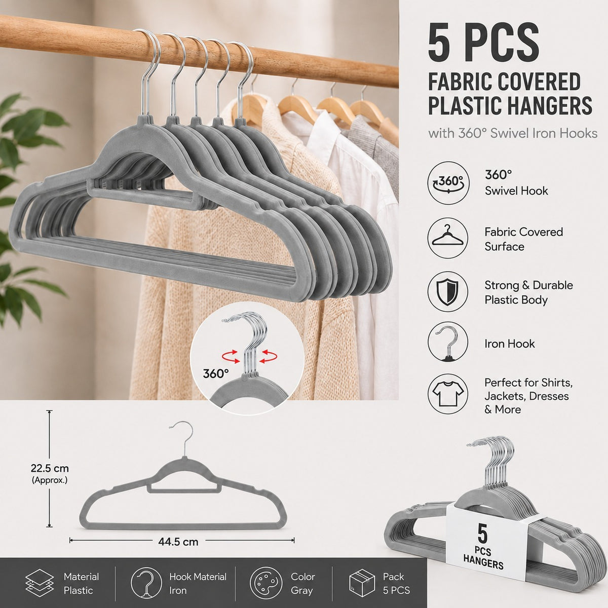 Gray Fabric Covered Clothes Hangers with 360° Swivel Hooks 5 PCS